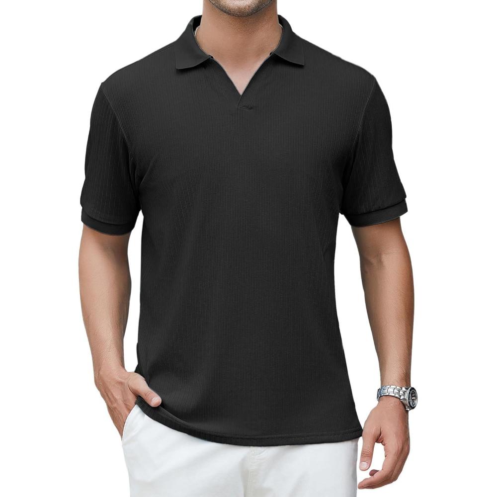 imageAlex Vando Mens Cotton Polo Shirts VNeck Short Sleeve Casual Shirts for MenBlack Jacquard