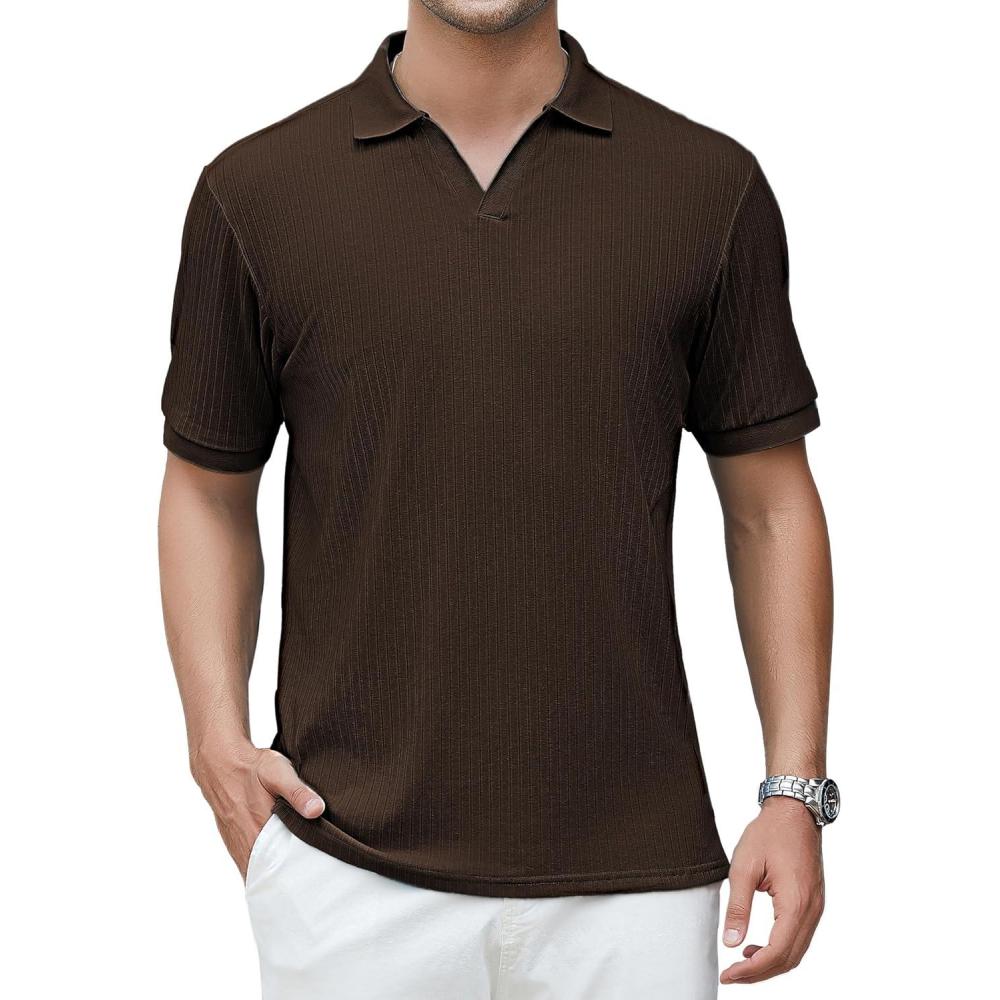 imageAlex Vando Mens Cotton Polo Shirts VNeck Short Sleeve Casual Shirts for MenBrown Jacquard