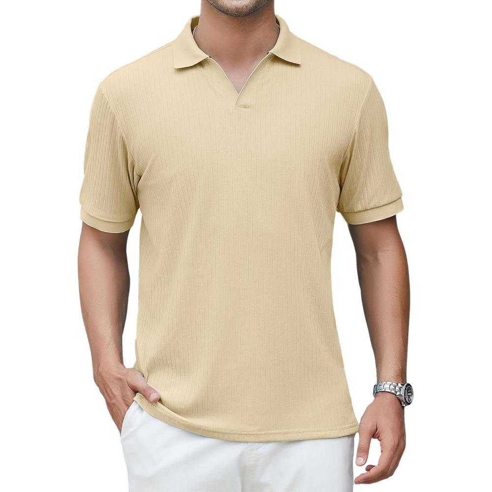imageAlex Vando Mens Cotton Polo Shirts VNeck Short Sleeve Casual Shirts for MenKhaki Jacquard