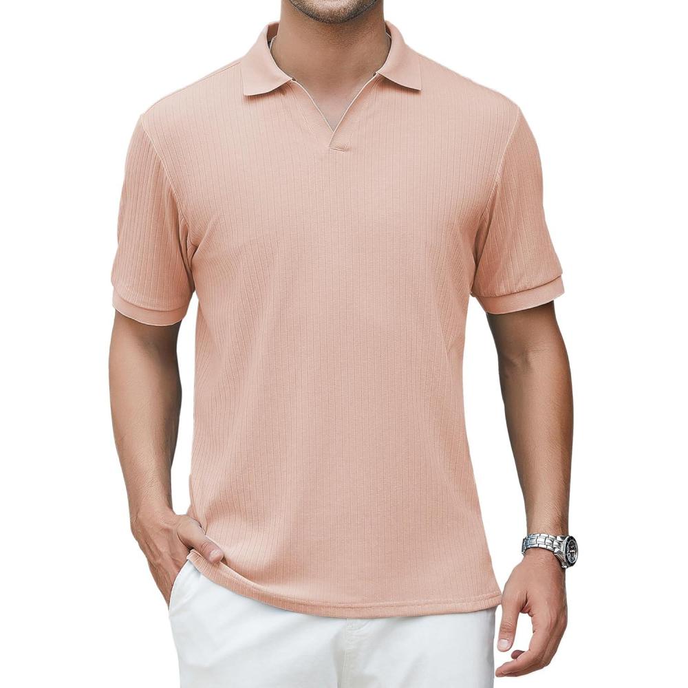 imageAlex Vando Mens Cotton Polo Shirts VNeck Short Sleeve Casual Shirts for MenPink Jacquard