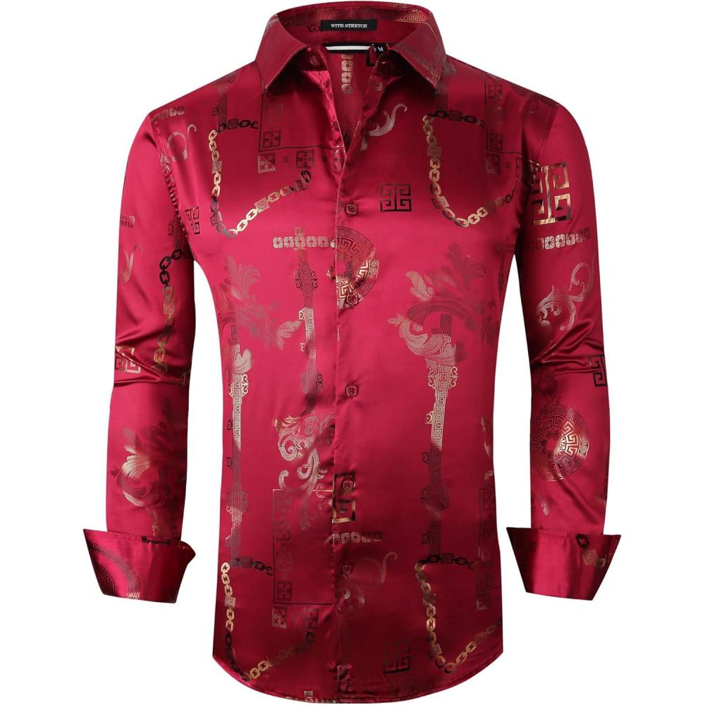 imageAlex Vando Mens Digital Printing Dress Shirts IronFree Regular Fit Party Button Down Shirt2640 Burgundy