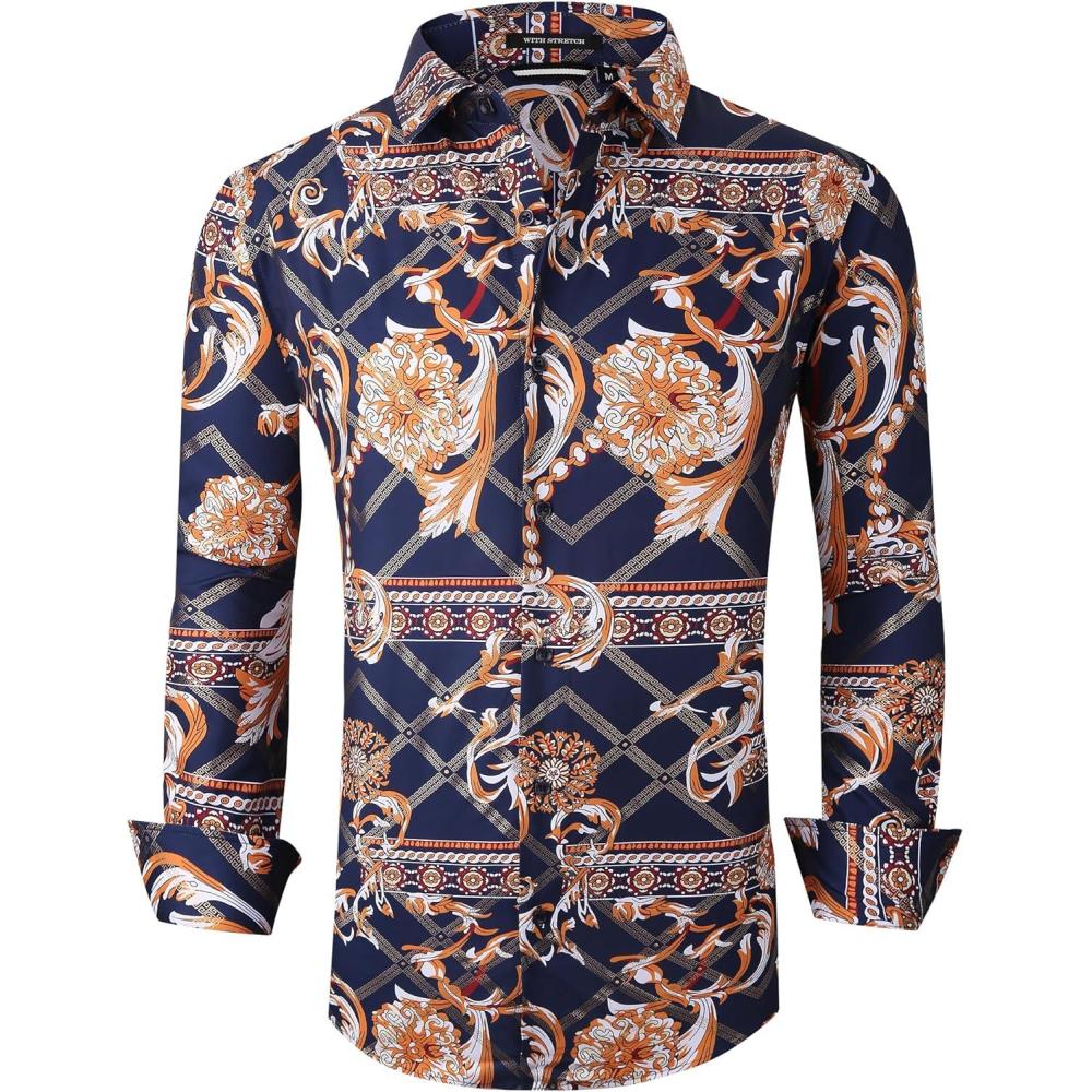 imageAlex Vando Mens Digital Printing Dress Shirts IronFree Regular Fit Party Button Down Shirt2644 Navy