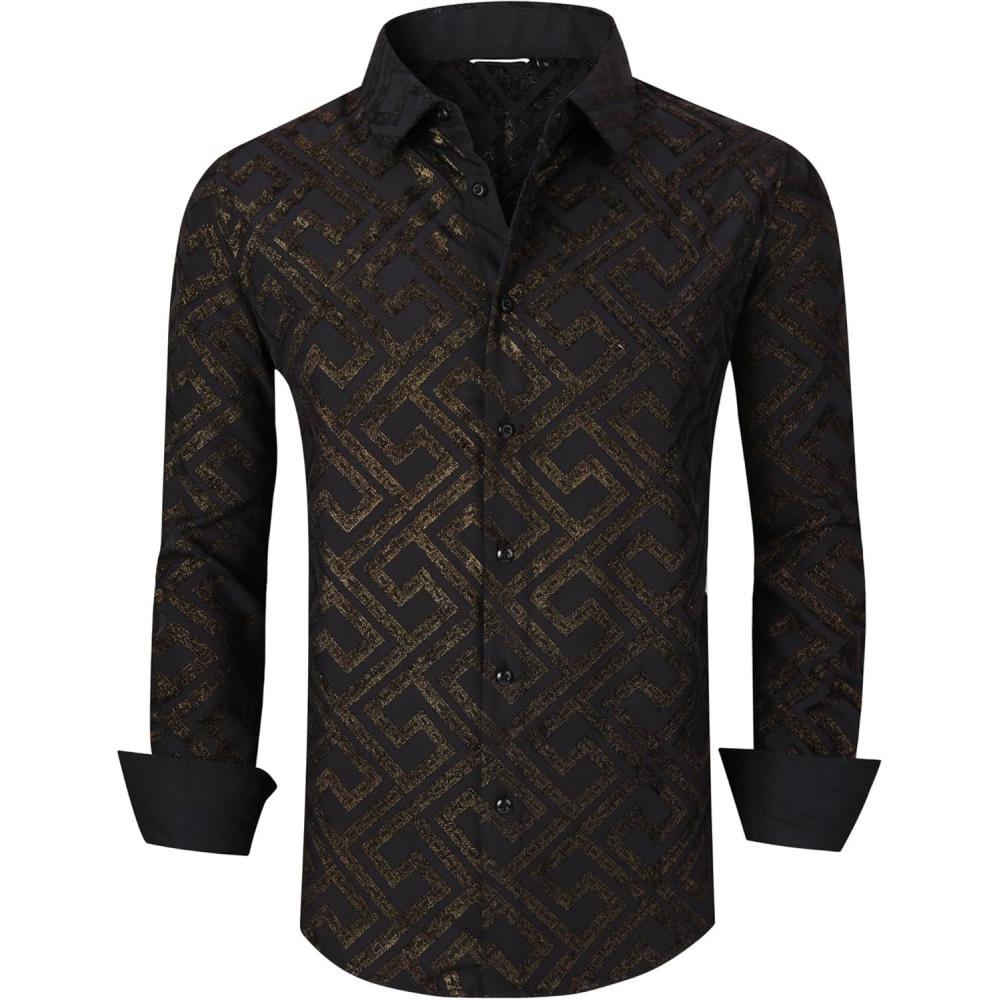 imageAlex Vando Mens Digital Printing Dress Shirts IronFree Regular Fit Party Button Down ShirtBlack Flocking