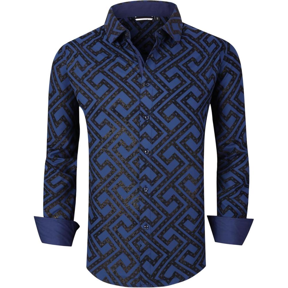 imageAlex Vando Mens Digital Printing Dress Shirts IronFree Regular Fit Party Button Down ShirtNavy Flocking