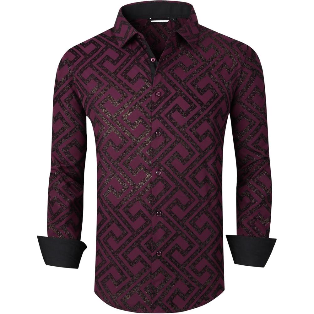 imageAlex Vando Mens Digital Printing Dress Shirts IronFree Regular Fit Party Button Down ShirtWine Flocking
