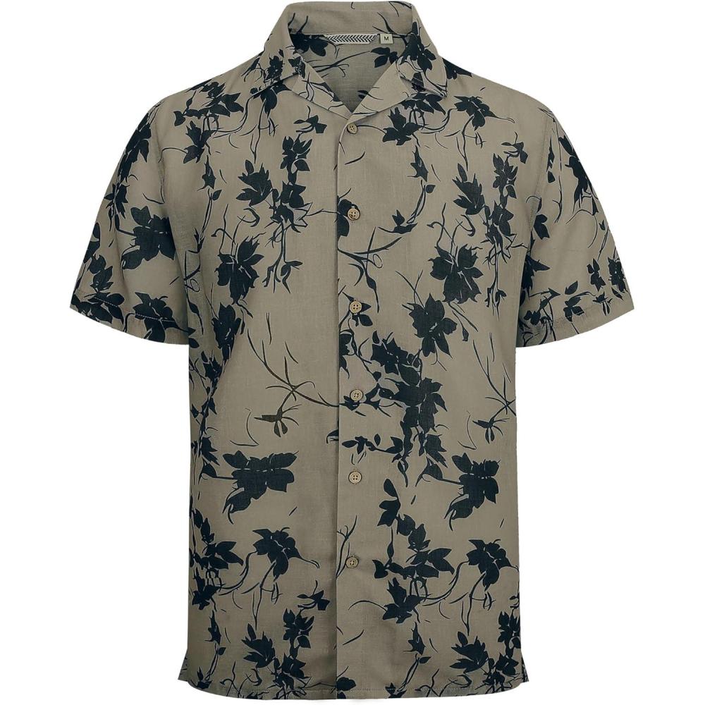 imageAlex Vando Mens Dress Shirts 4Way Stretch Wrinkle Free Regular Fit Short Sleeve Men Button Down ShirtKhaki Leaf