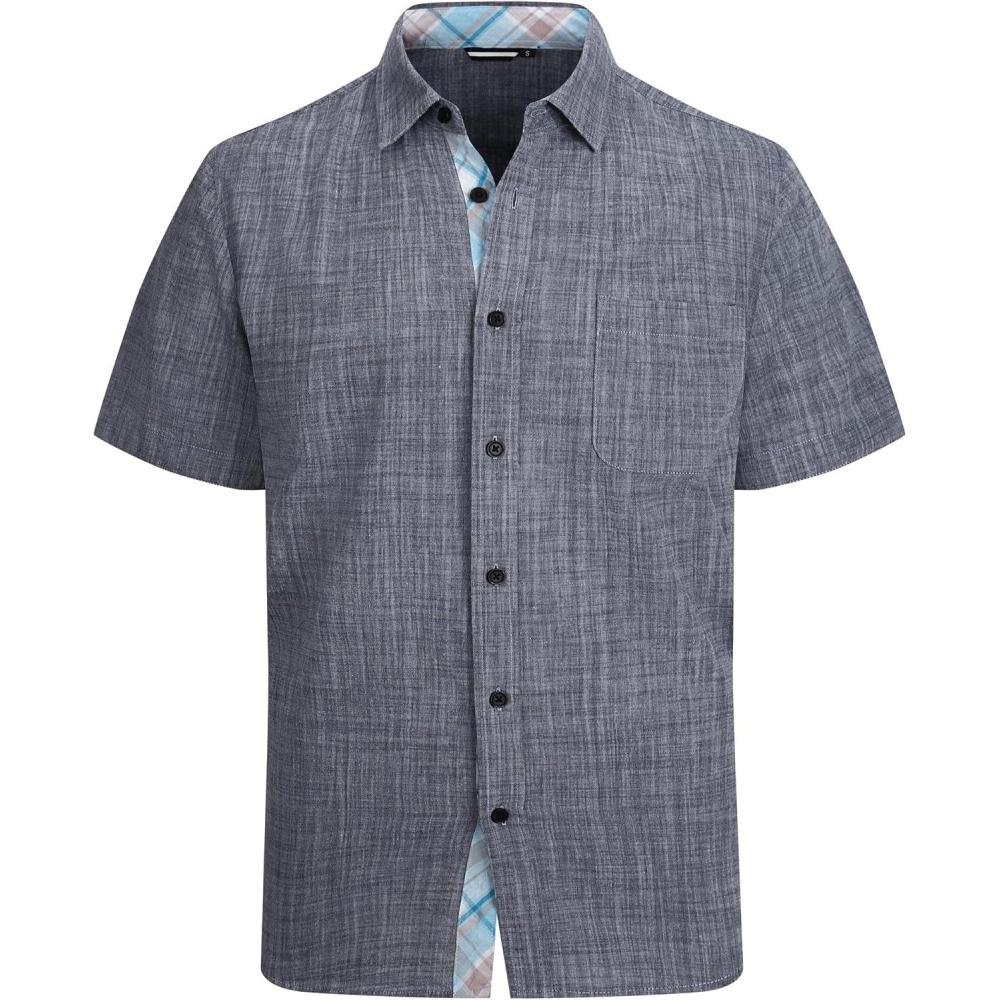 imageAlex Vando Mens Dress Shirts 4Way Stretch Wrinkle Free Regular Fit Short Sleeve Men Button Down ShirtLinenCotton Black