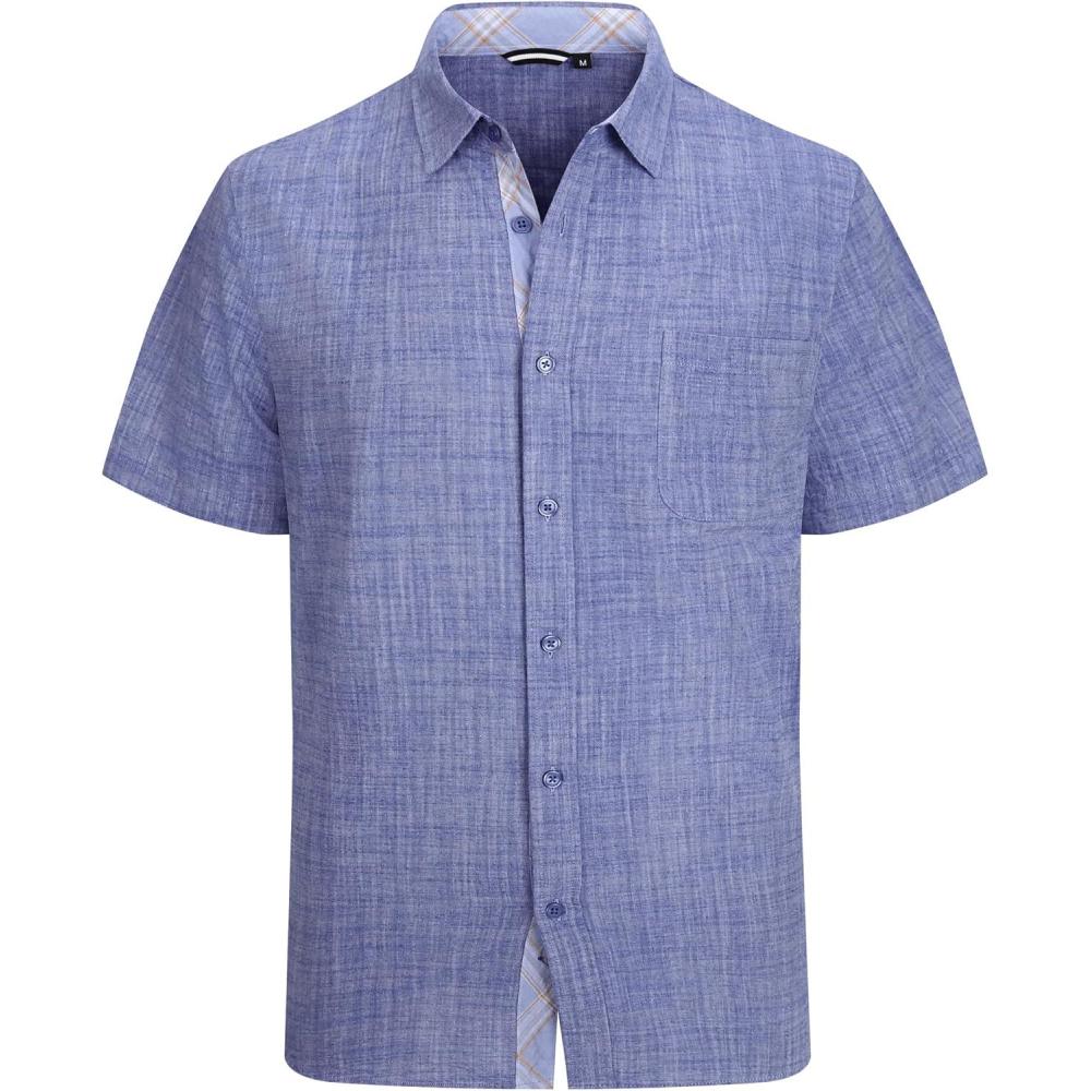 imageAlex Vando Mens Dress Shirts 4Way Stretch Wrinkle Free Regular Fit Short Sleeve Men Button Down ShirtLinenCotton Dk Blue