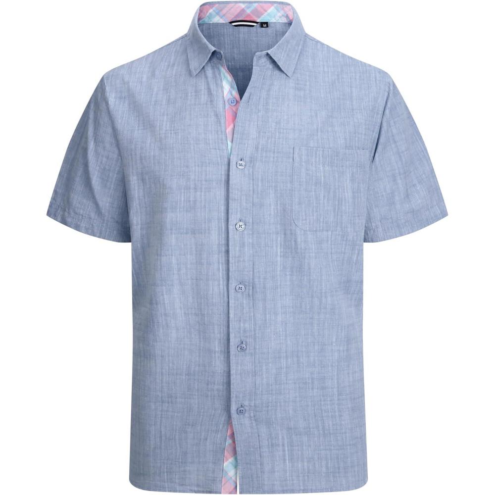 imageAlex Vando Mens Dress Shirts 4Way Stretch Wrinkle Free Regular Fit Short Sleeve Men Button Down ShirtLinenCotton Lt Blue