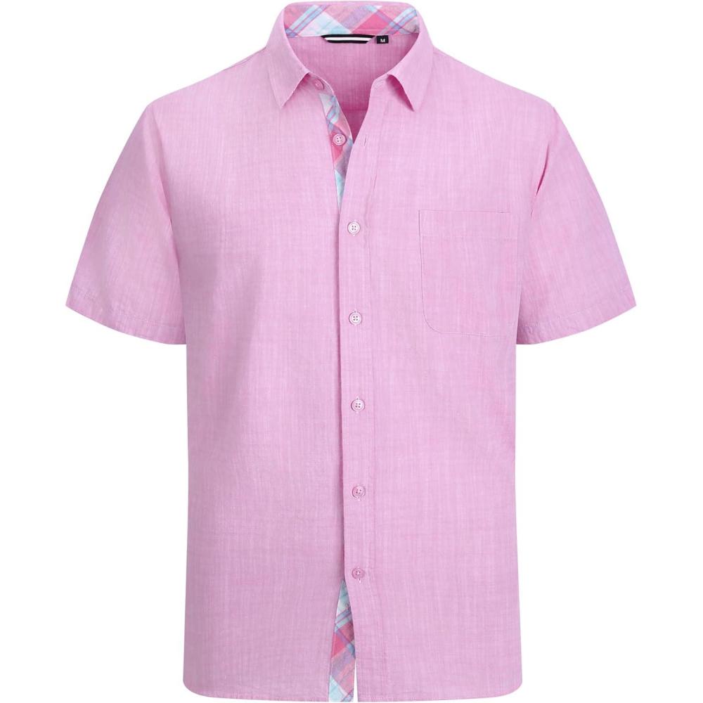 imageAlex Vando Mens Dress Shirts 4Way Stretch Wrinkle Free Regular Fit Short Sleeve Men Button Down ShirtLinenCotton Pink
