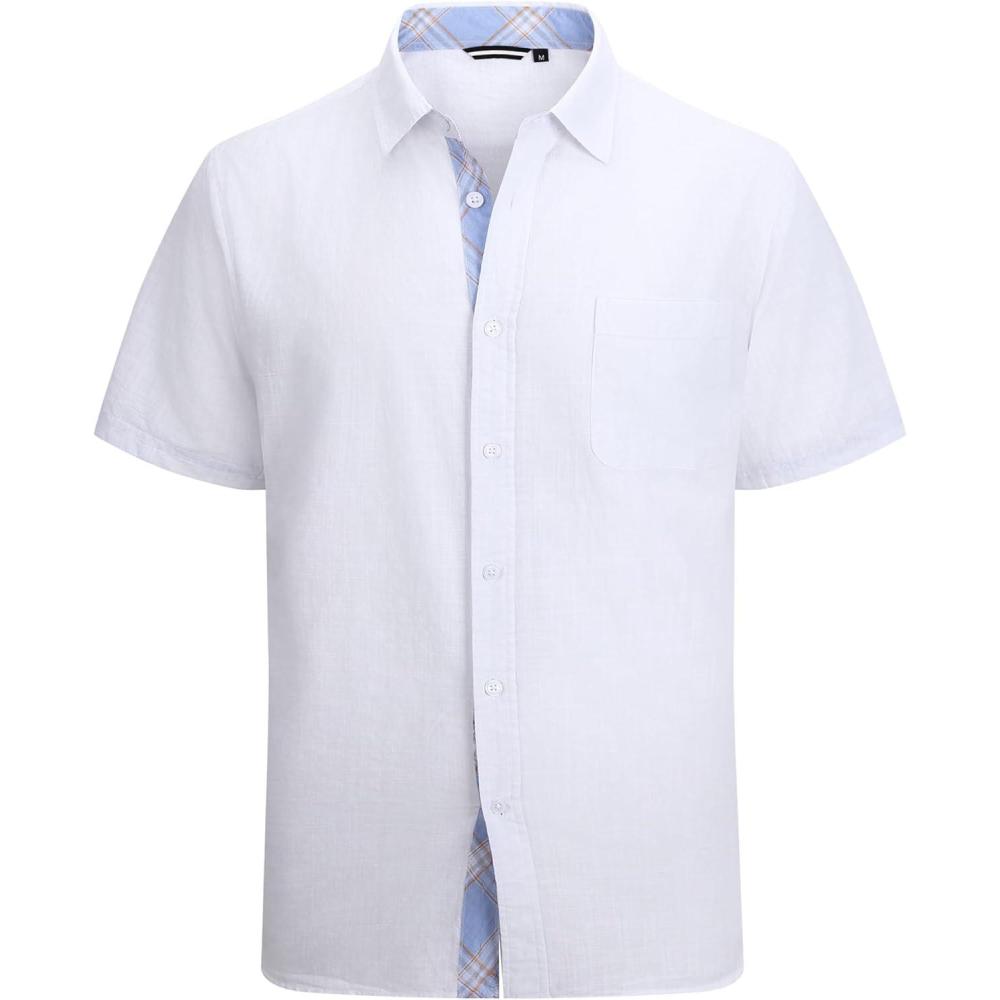 imageAlex Vando Mens Dress Shirts 4Way Stretch Wrinkle Free Regular Fit Short Sleeve Men Button Down ShirtLinenCotton White