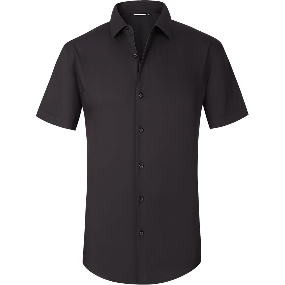 imageAlex Vando Mens Dress Shirts 4Way Stretch Wrinkle Free Regular Fit Short Sleeve Men Button Down ShirtRayon Black