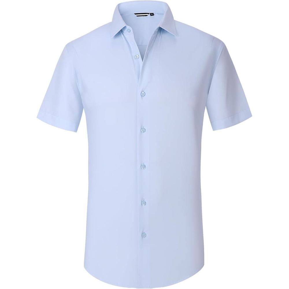 imageAlex Vando Mens Dress Shirts 4Way Stretch Wrinkle Free Regular Fit Short Sleeve Men Button Down ShirtRayon Blue