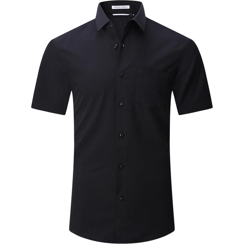 imageAlex Vando Mens Dress Shirts 4Way Stretch Wrinkle Free Regular Fit Short Sleeve Men Button Down ShirtSolid Black