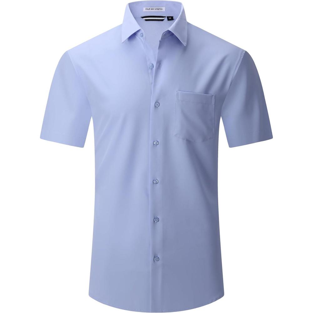 imageAlex Vando Mens Dress Shirts 4Way Stretch Wrinkle Free Regular Fit Short Sleeve Men Button Down ShirtSolid Blue