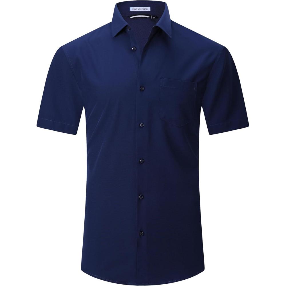 imageAlex Vando Mens Dress Shirts 4Way Stretch Wrinkle Free Regular Fit Short Sleeve Men Button Down ShirtSolid Navy