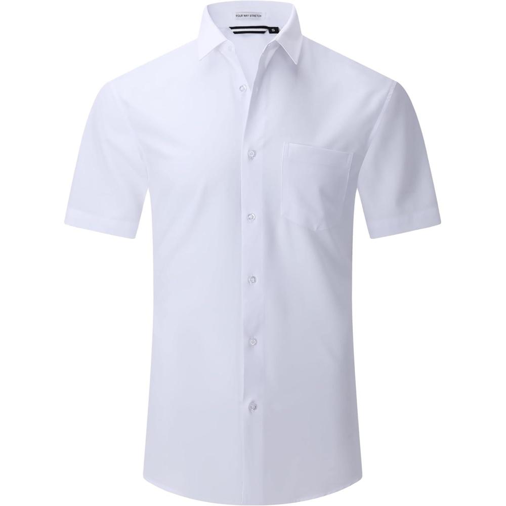imageAlex Vando Mens Dress Shirts 4Way Stretch Wrinkle Free Regular Fit Short Sleeve Men Button Down ShirtSolid White