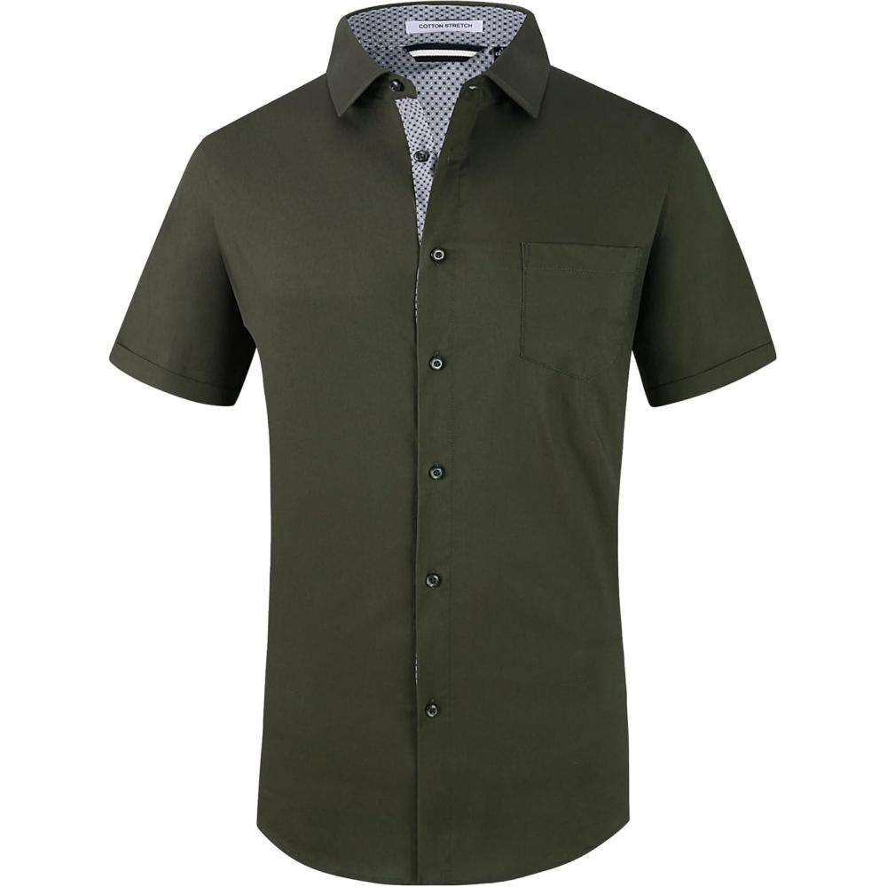 imageAlex Vando Mens Dress Shirts 4Way Stretch Wrinkle Free Regular Fit Short Sleeve Men Button Down ShirtSolid02army Green