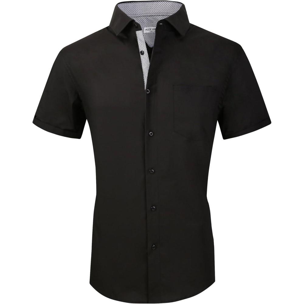 imageAlex Vando Mens Dress Shirts 4Way Stretch Wrinkle Free Regular Fit Short Sleeve Men Button Down ShirtSolid02black