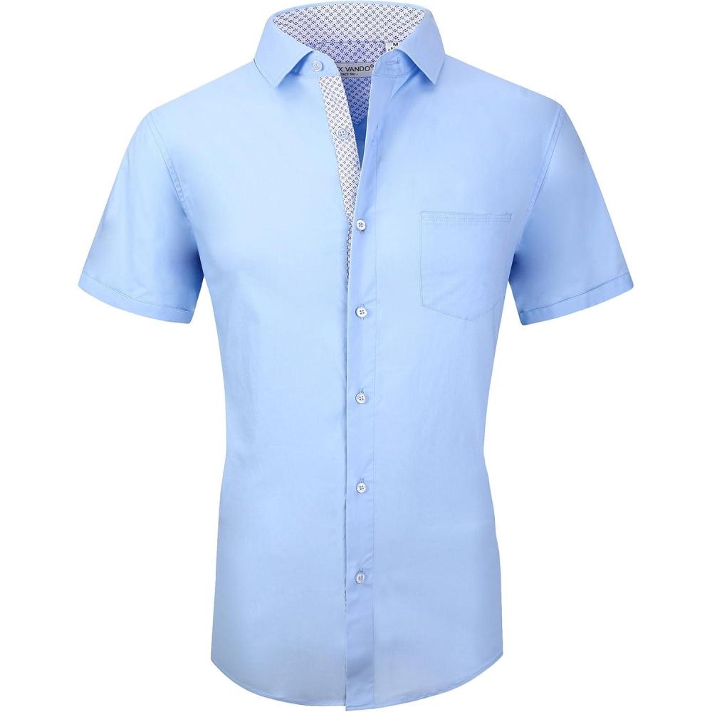 imageAlex Vando Mens Dress Shirts 4Way Stretch Wrinkle Free Regular Fit Short Sleeve Men Button Down ShirtSolid02blue
