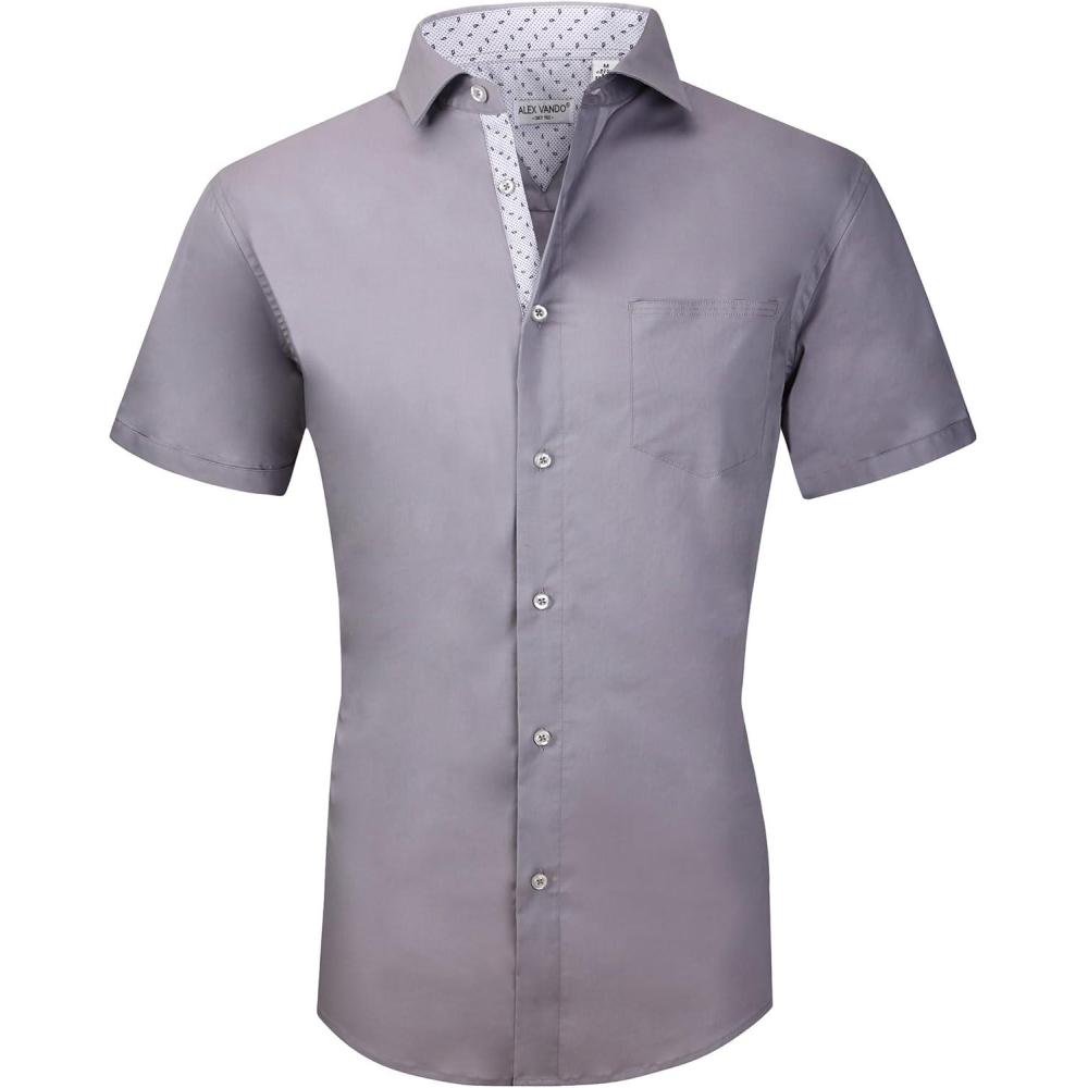 imageAlex Vando Mens Dress Shirts 4Way Stretch Wrinkle Free Regular Fit Short Sleeve Men Button Down ShirtSolid02gray