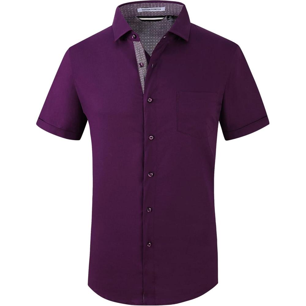imageAlex Vando Mens Dress Shirts 4Way Stretch Wrinkle Free Regular Fit Short Sleeve Men Button Down ShirtSolid02purple