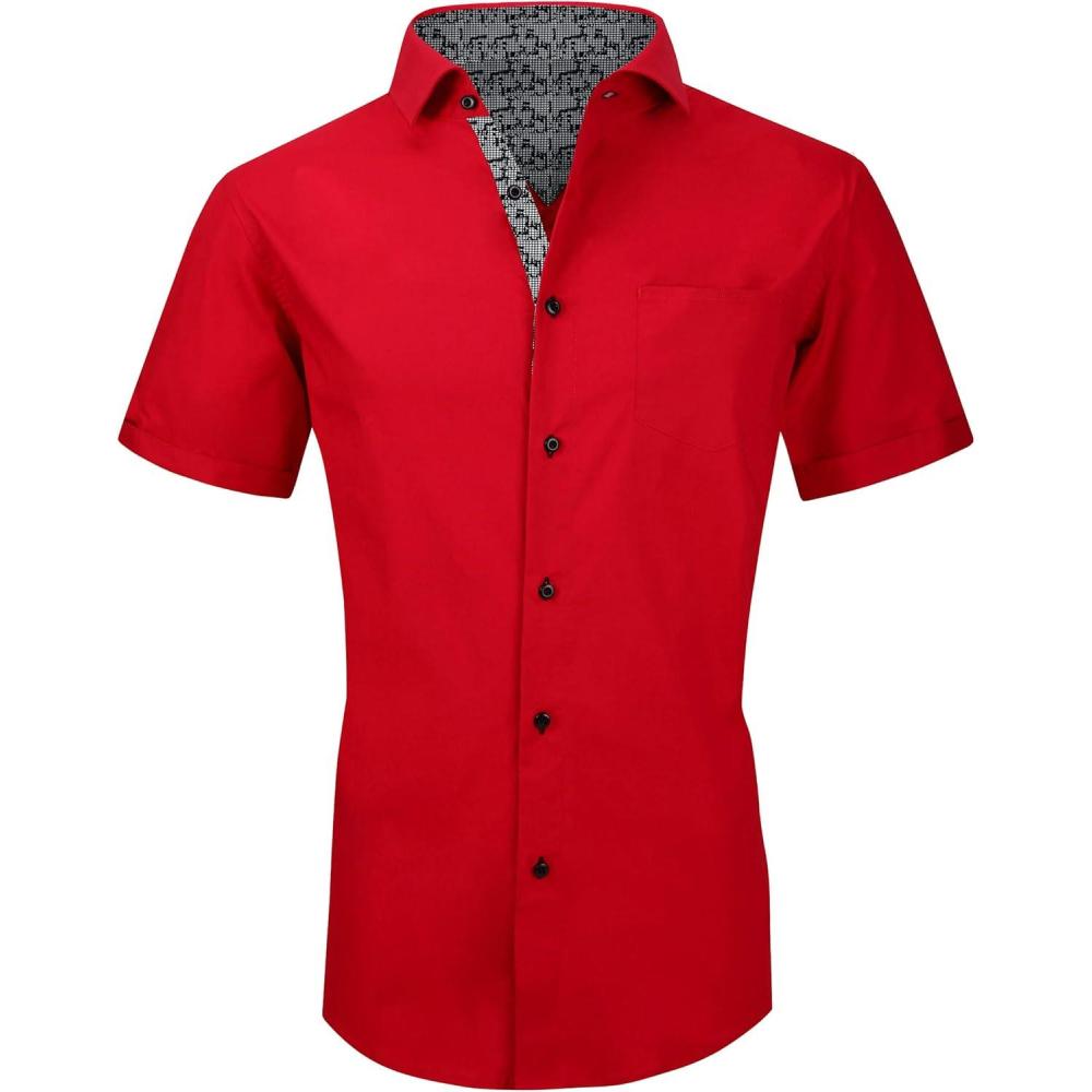 imageAlex Vando Mens Dress Shirts 4Way Stretch Wrinkle Free Regular Fit Short Sleeve Men Button Down ShirtSolid02red