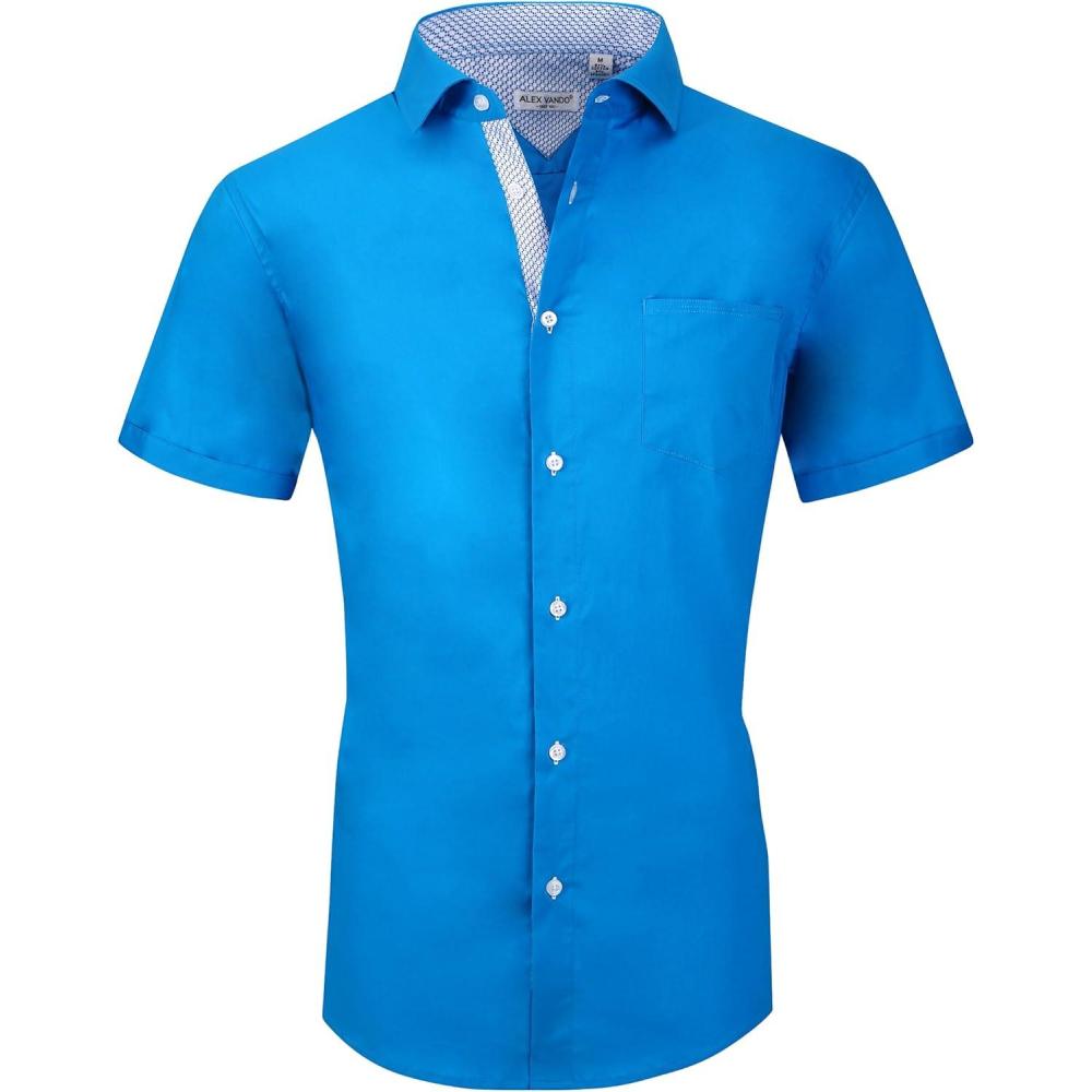 imageAlex Vando Mens Dress Shirts 4Way Stretch Wrinkle Free Regular Fit Short Sleeve Men Button Down ShirtSolid02turquoise