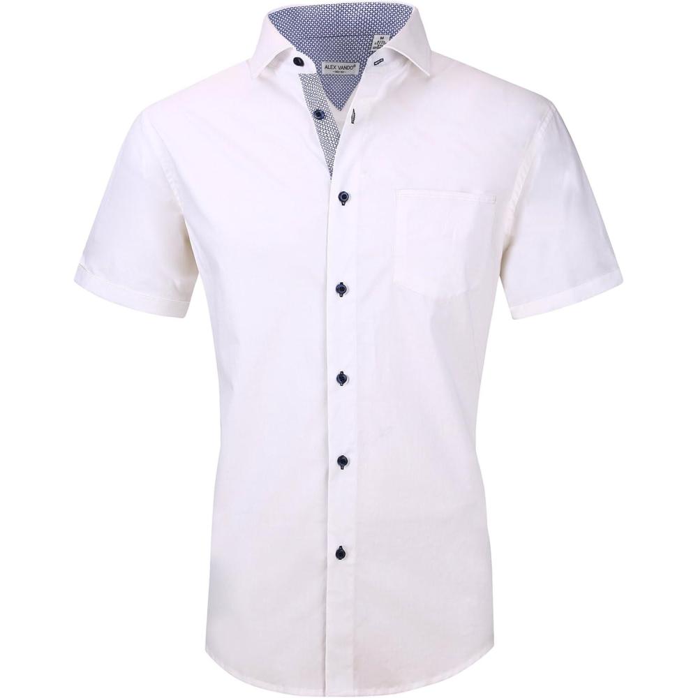 imageAlex Vando Mens Dress Shirts 4Way Stretch Wrinkle Free Regular Fit Short Sleeve Men Button Down ShirtSolid02white
