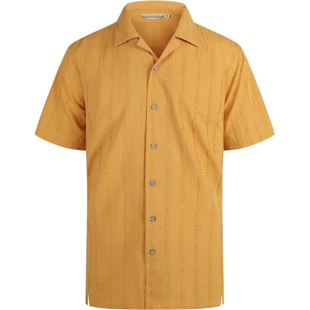 imageAlex Vando Mens Dress Shirts 4Way Stretch Wrinkle Free Regular Fit Short Sleeve Men Button Down ShirtYellow Camp