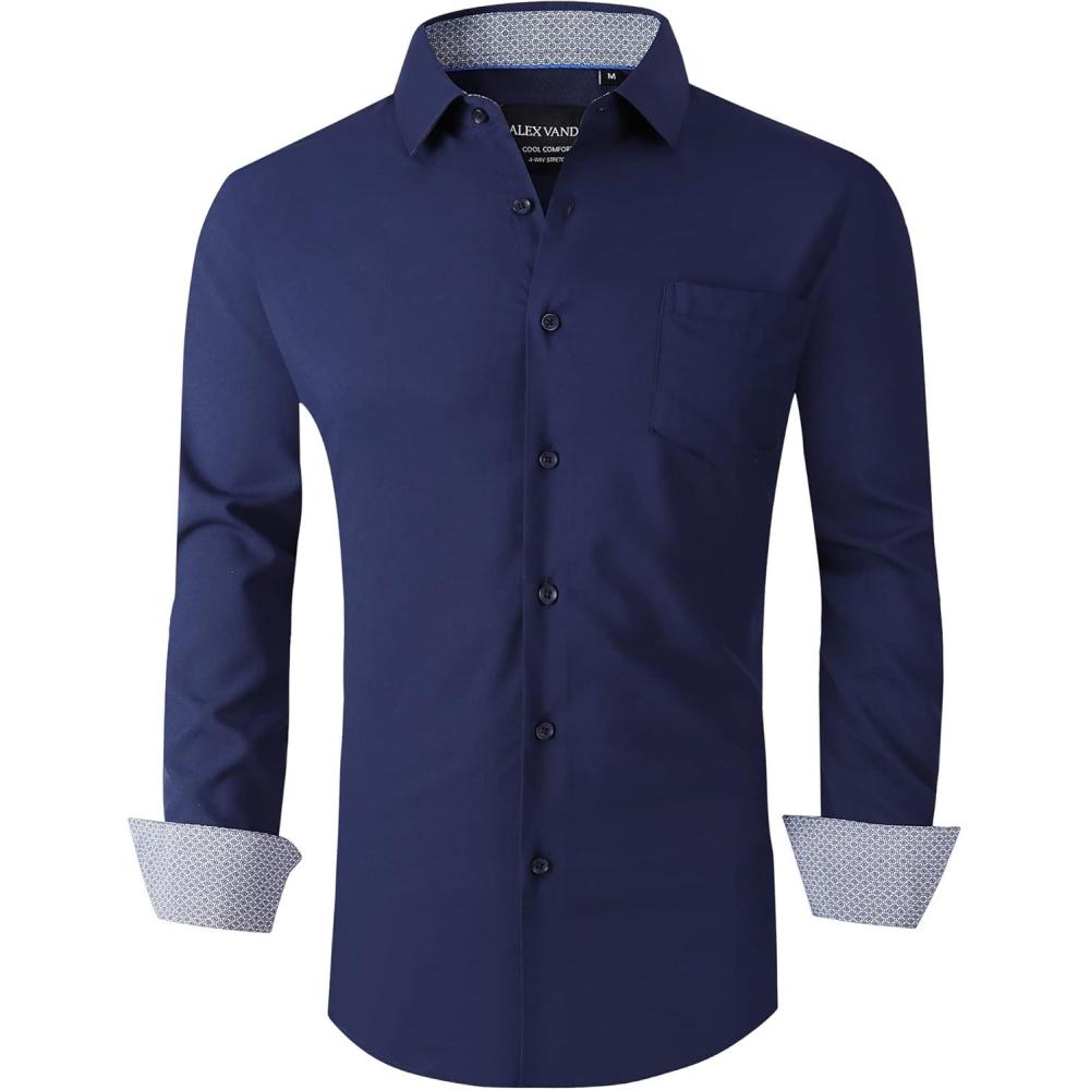 imageAlex Vando Mens Dress Shirts Regular Fit Long Sleeve Stretch Business Dress Shirts for Men06 Navy
