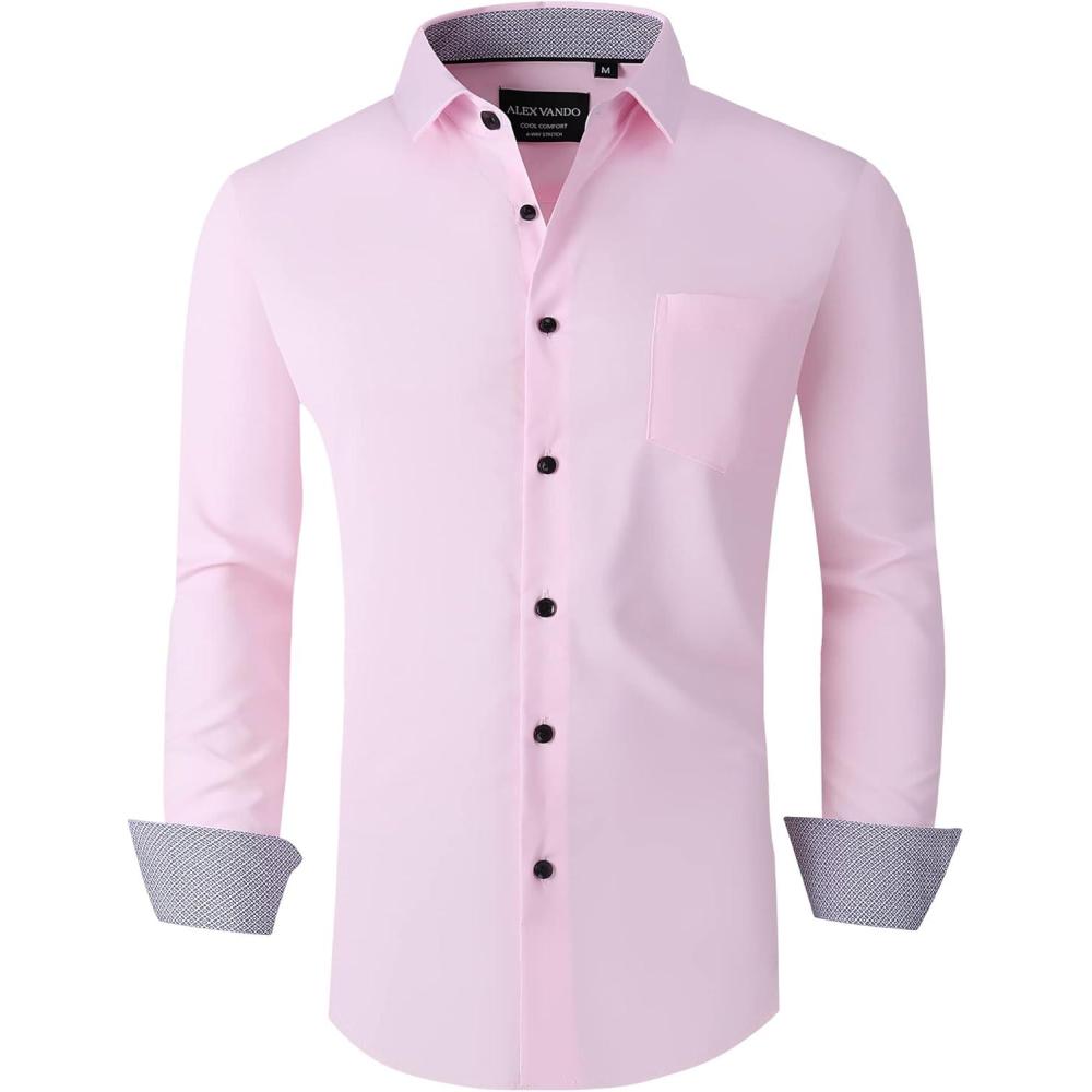 imageAlex Vando Mens Dress Shirts Regular Fit Long Sleeve Stretch Business Dress Shirts for Men06 Pink