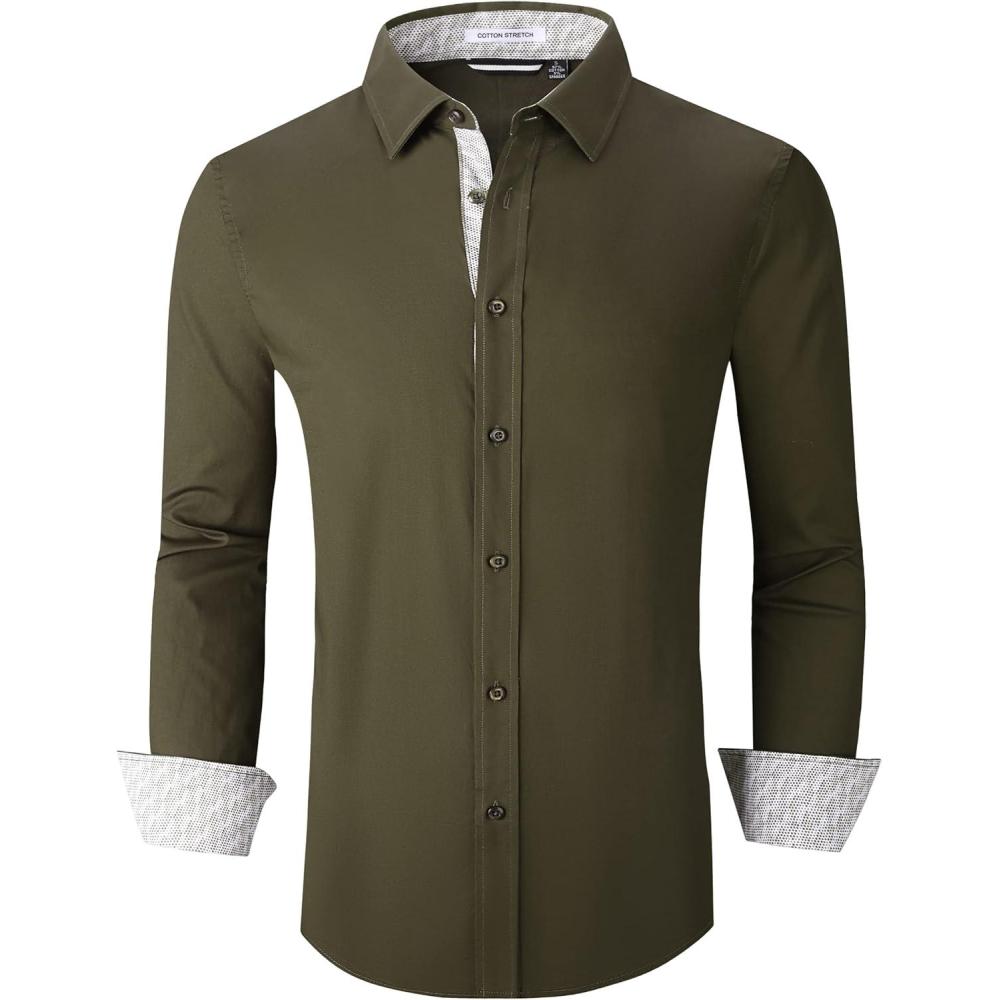 imageAlex Vando Mens Dress Shirts Regular Fit Long Sleeve Stretch Business Dress Shirts for MenArmy