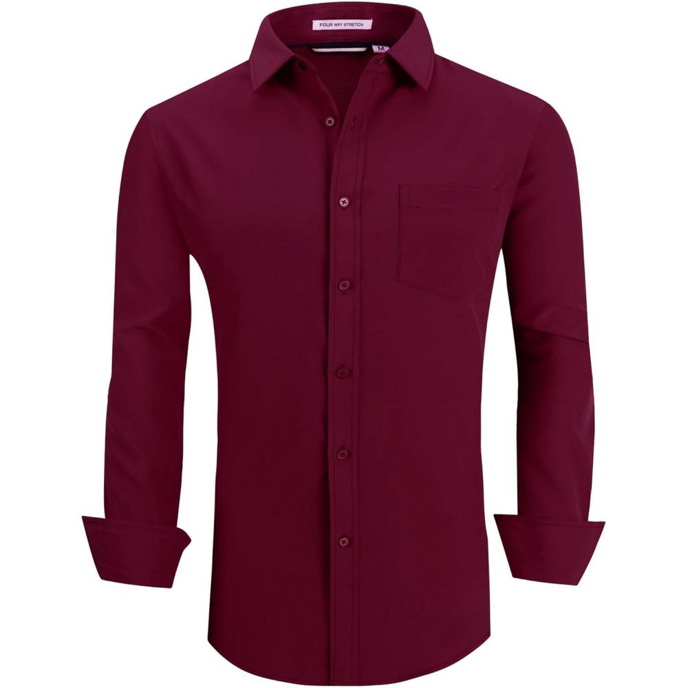 imageAlex Vando Mens Dress Shirts Regular Fit Long Sleeve Stretch Business Dress Shirts for MenBurgundy