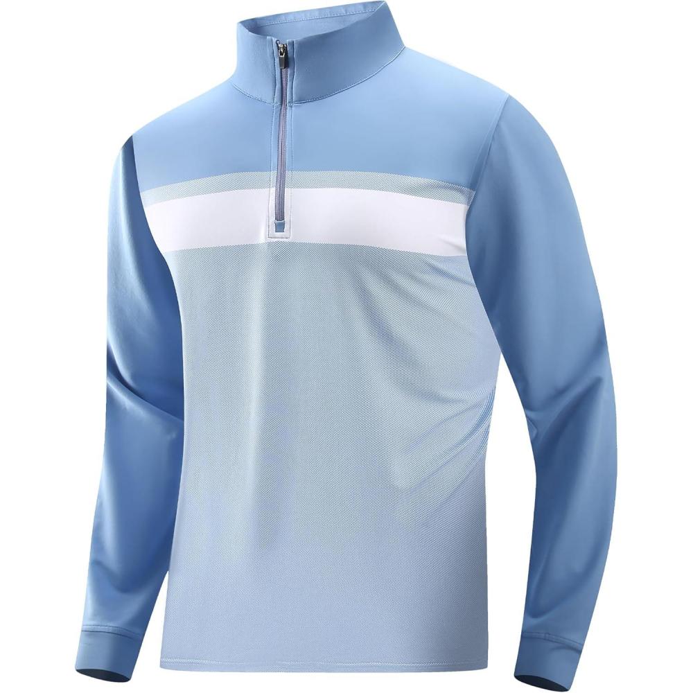 imageAlex Vando Mens Golf Shirts Long Sleeve Mock Neck Color Block Zipper Polo Shirt for MenBlue