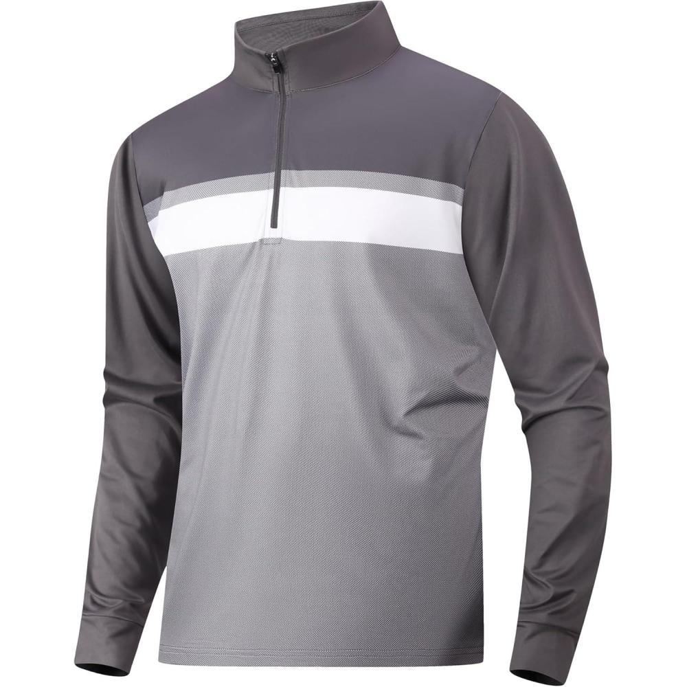 imageAlex Vando Mens Golf Shirts Long Sleeve Mock Neck Color Block Zipper Polo Shirt for MenDark Grey