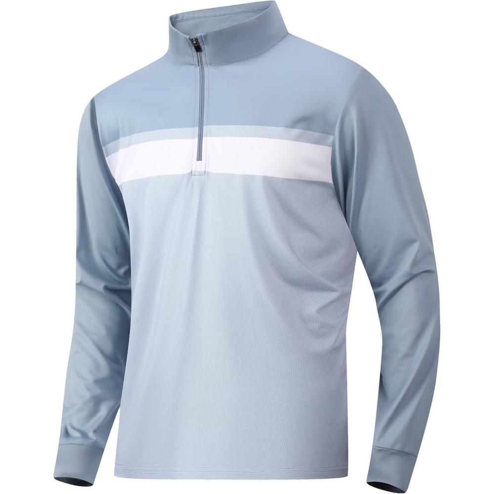 imageAlex Vando Mens Golf Shirts Long Sleeve Mock Neck Color Block Zipper Polo Shirt for MenDusty Blue