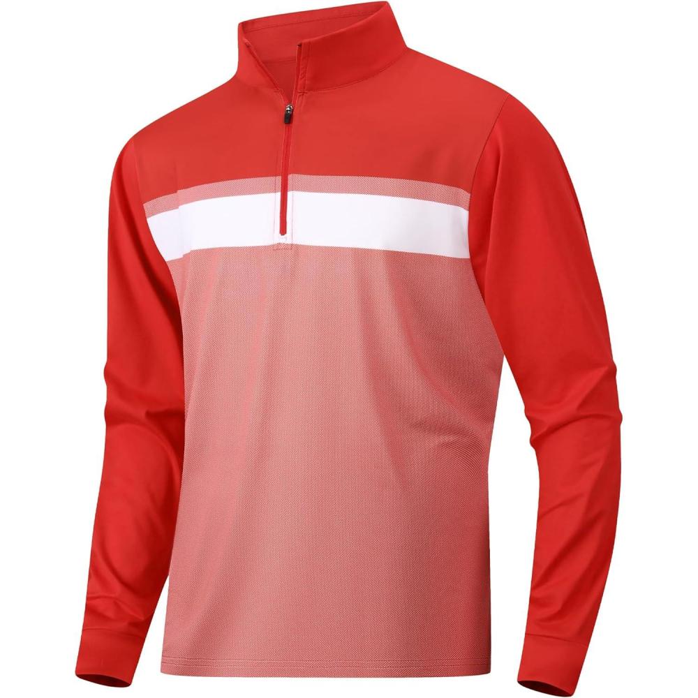 imageAlex Vando Mens Golf Shirts Long Sleeve Mock Neck Color Block Zipper Polo Shirt for MenRed