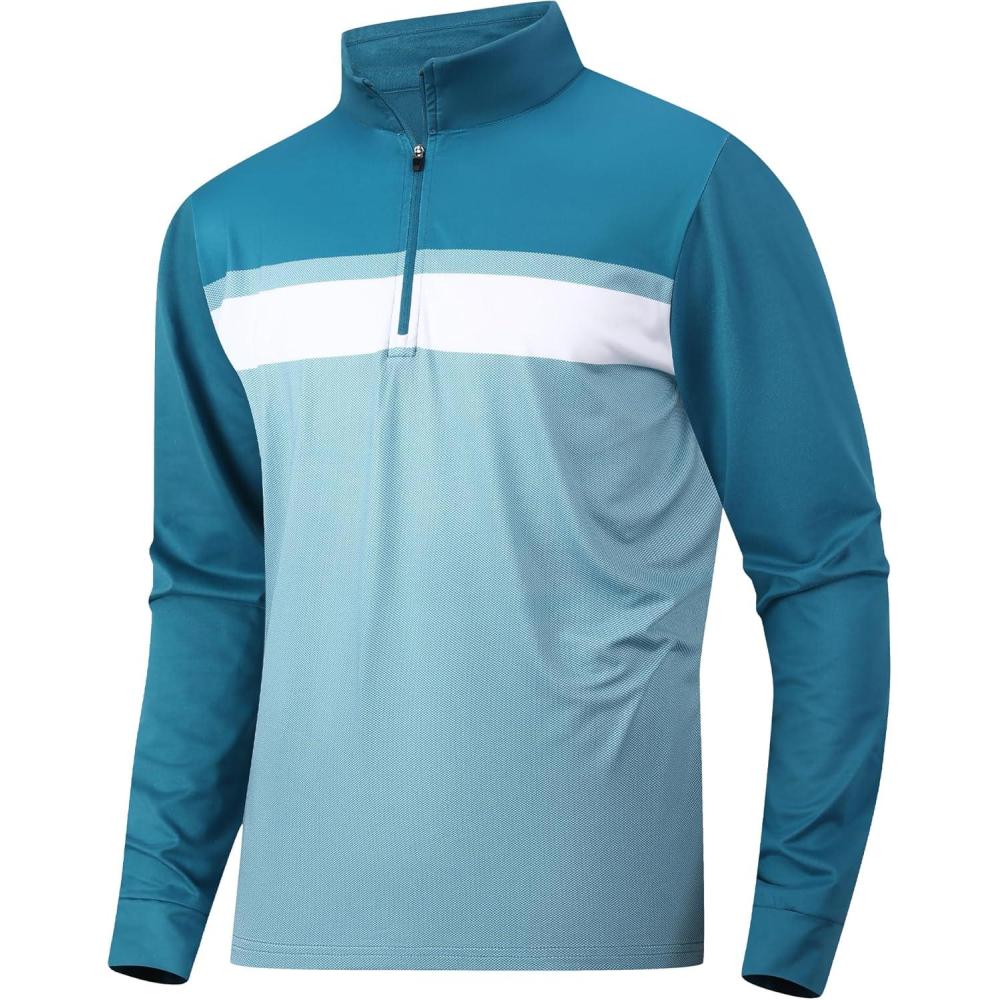 imageAlex Vando Mens Golf Shirts Long Sleeve Mock Neck Color Block Zipper Polo Shirt for MenTeal