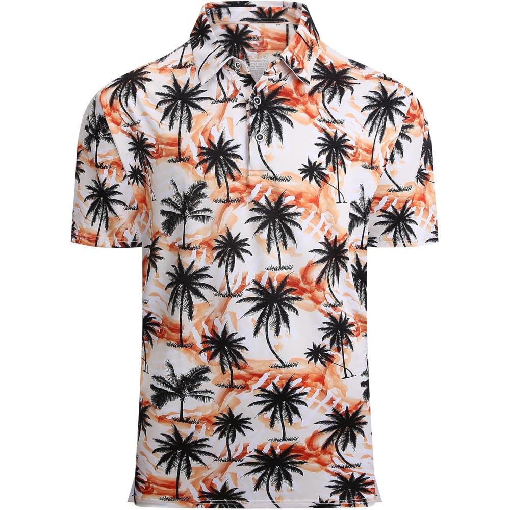 imageAlex Vando Mens Hawaiian Golf Shirt Moisture Wicking Digital Print Golf Shirts for MenBlack Palm Tree