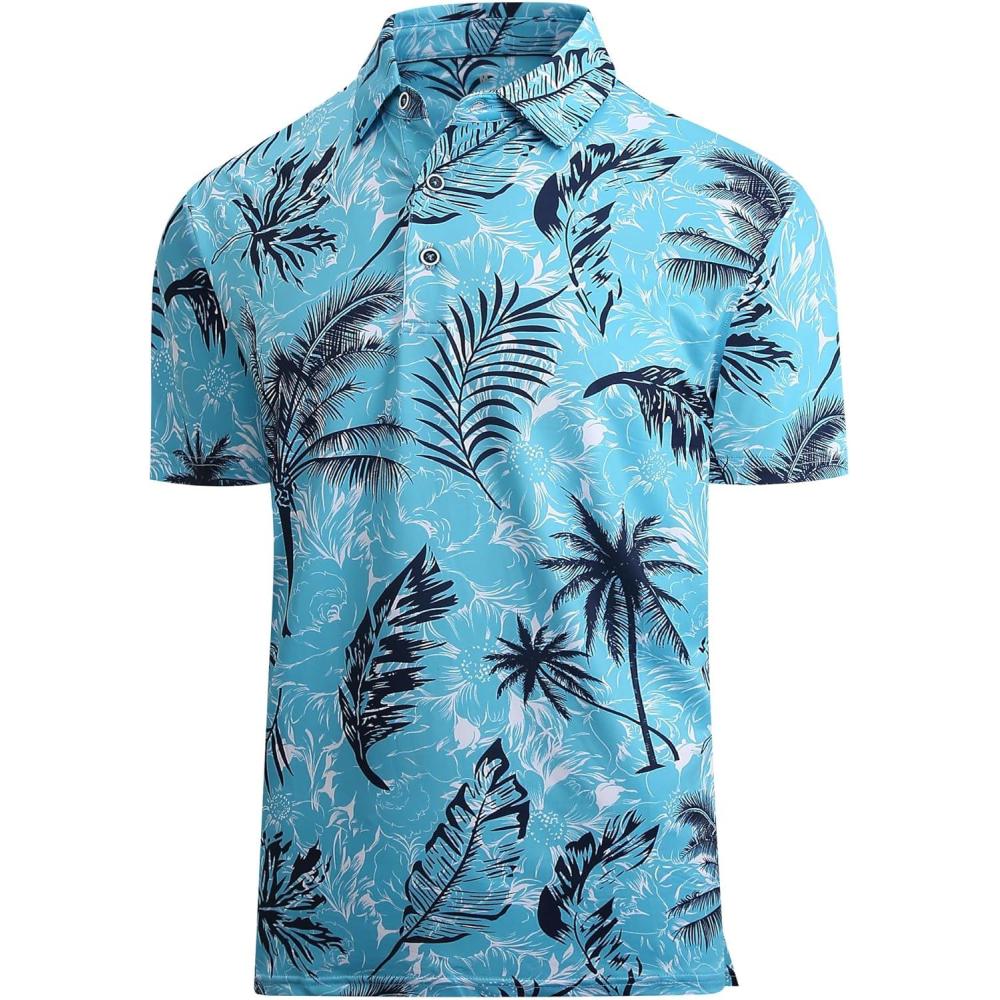 imageAlex Vando Mens Hawaiian Golf Shirt Moisture Wicking Digital Print Golf Shirts for MenBlue Palm Tree