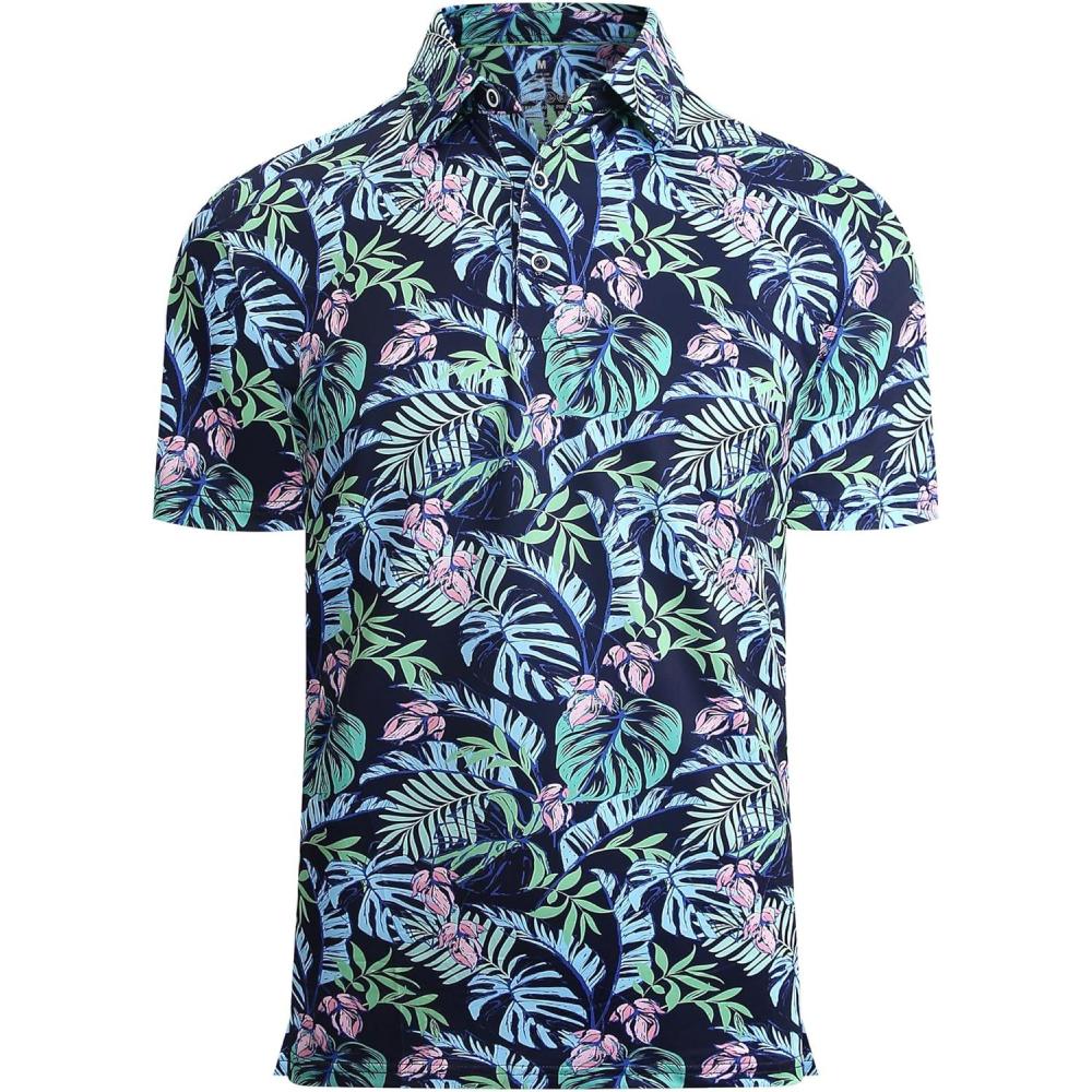 imageAlex Vando Mens Hawaiian Golf Shirt Moisture Wicking Digital Print Golf Shirts for MenBlueGreen Leaf