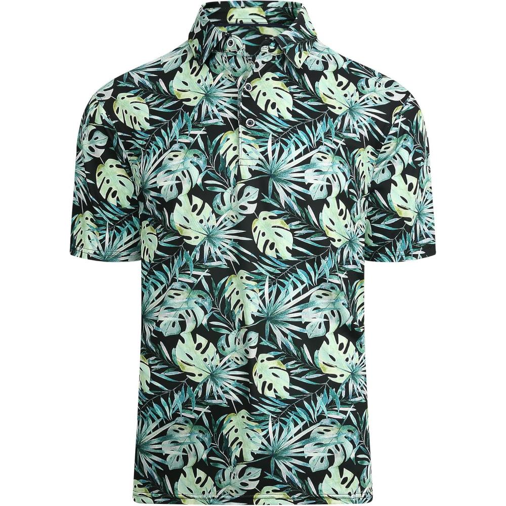 imageAlex Vando Mens Hawaiian Golf Shirt Moisture Wicking Digital Print Golf Shirts for MenGreen Leaf