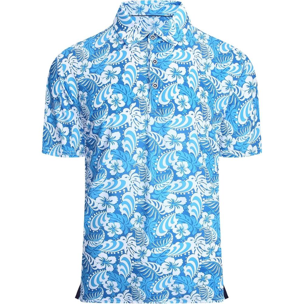 imageAlex Vando Mens Hawaiian Golf Shirt Moisture Wicking Digital Print Golf Shirts for MenTurquoise Leaf