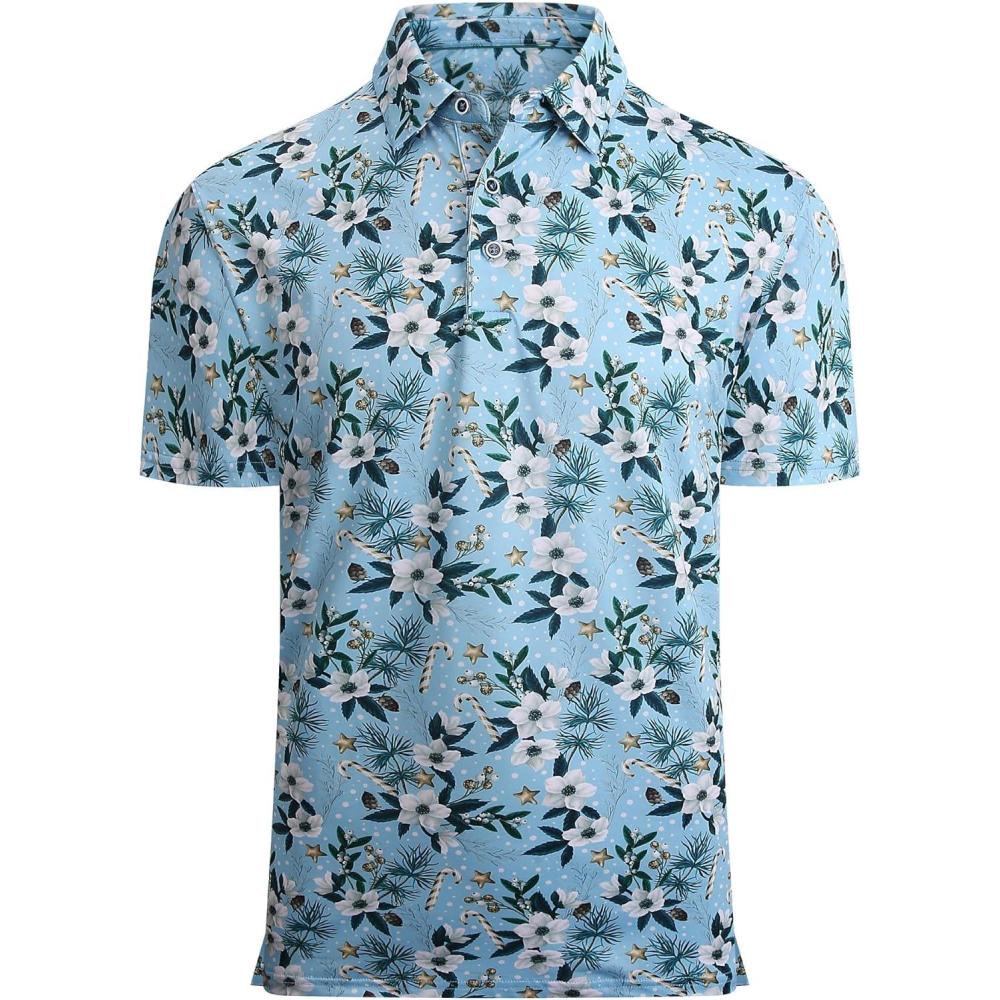 imageAlex Vando Mens Hawaiian Golf Shirt Moisture Wicking Digital Print Golf Shirts for MenWhite Christmas Flower
