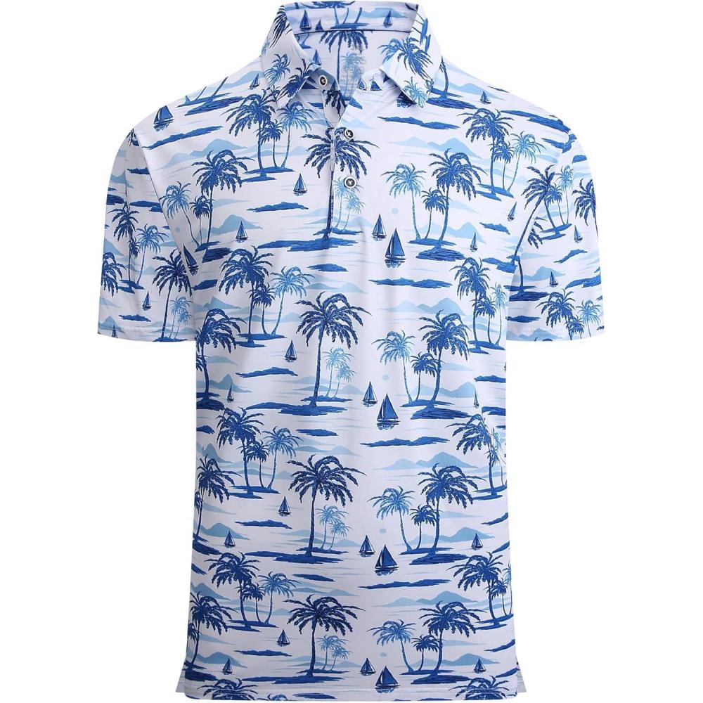 imageAlex Vando Mens Hawaiian Golf Shirt Moisture Wicking Digital Print Golf Shirts for MenWhite Palm Tree
