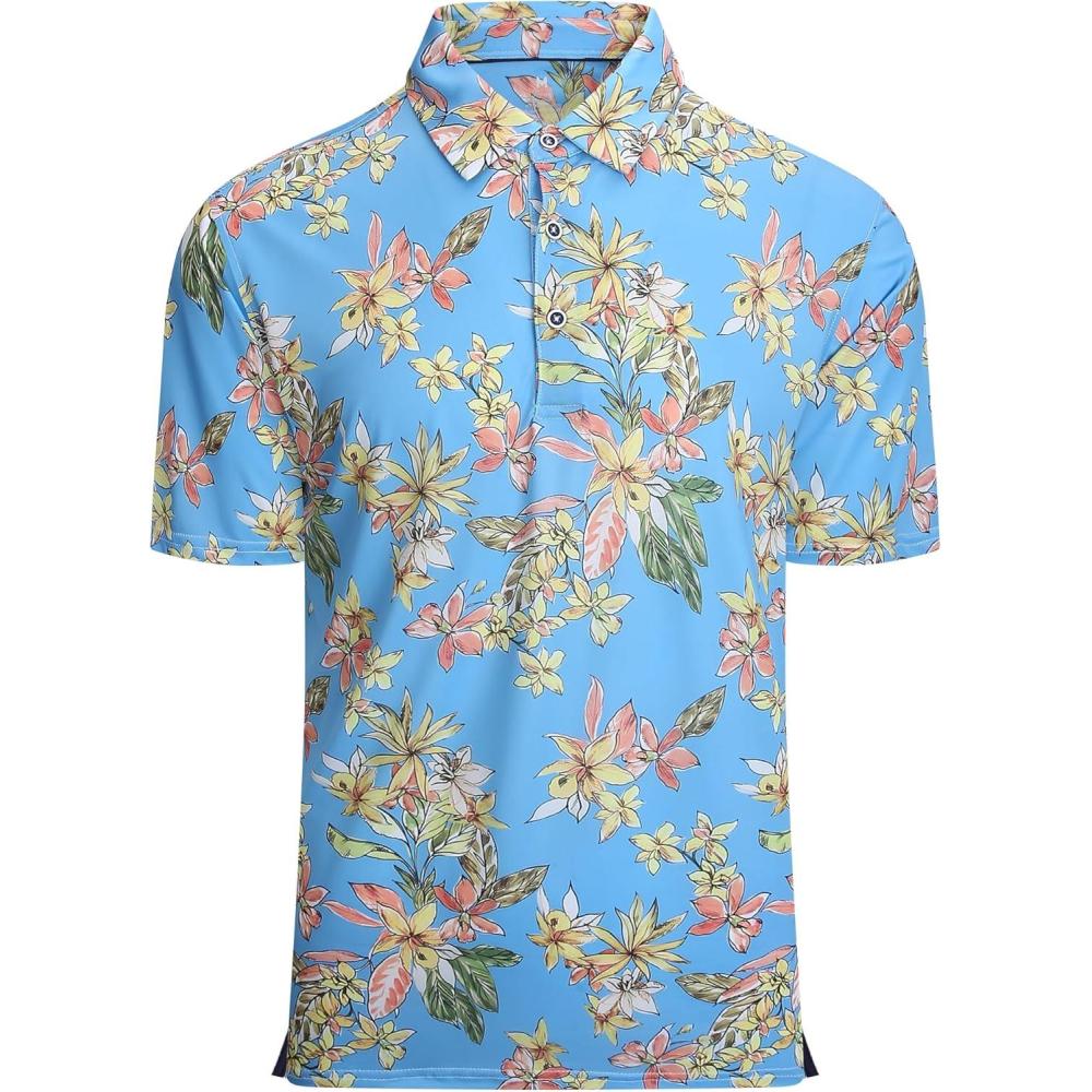 imageAlex Vando Mens Hawaiian Golf Shirt Moisture Wicking Digital Print Golf Shirts for MenYellow Flower