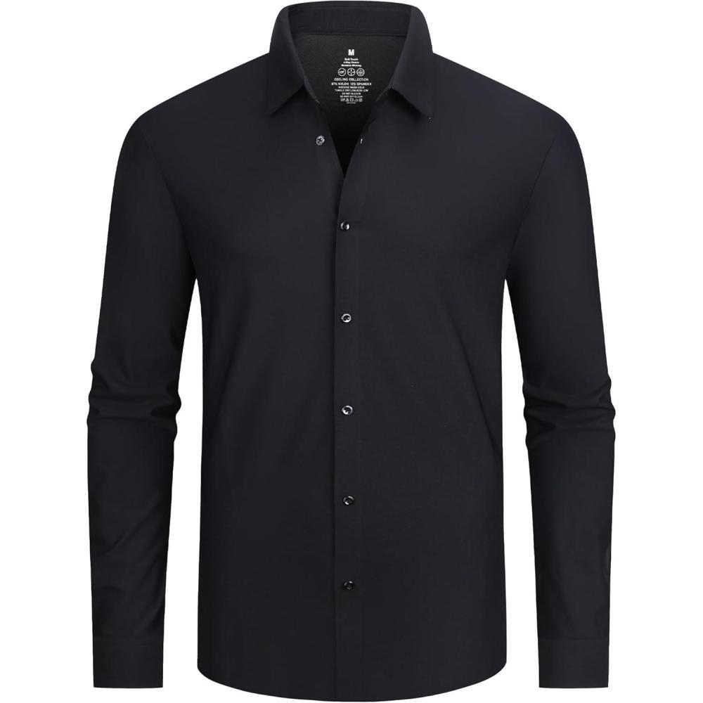 imageAlex Vando Mens Knit Dress Shirts Seamless Collar Long Sleeve Super Stretch Business Casual Shirts for MenBlack