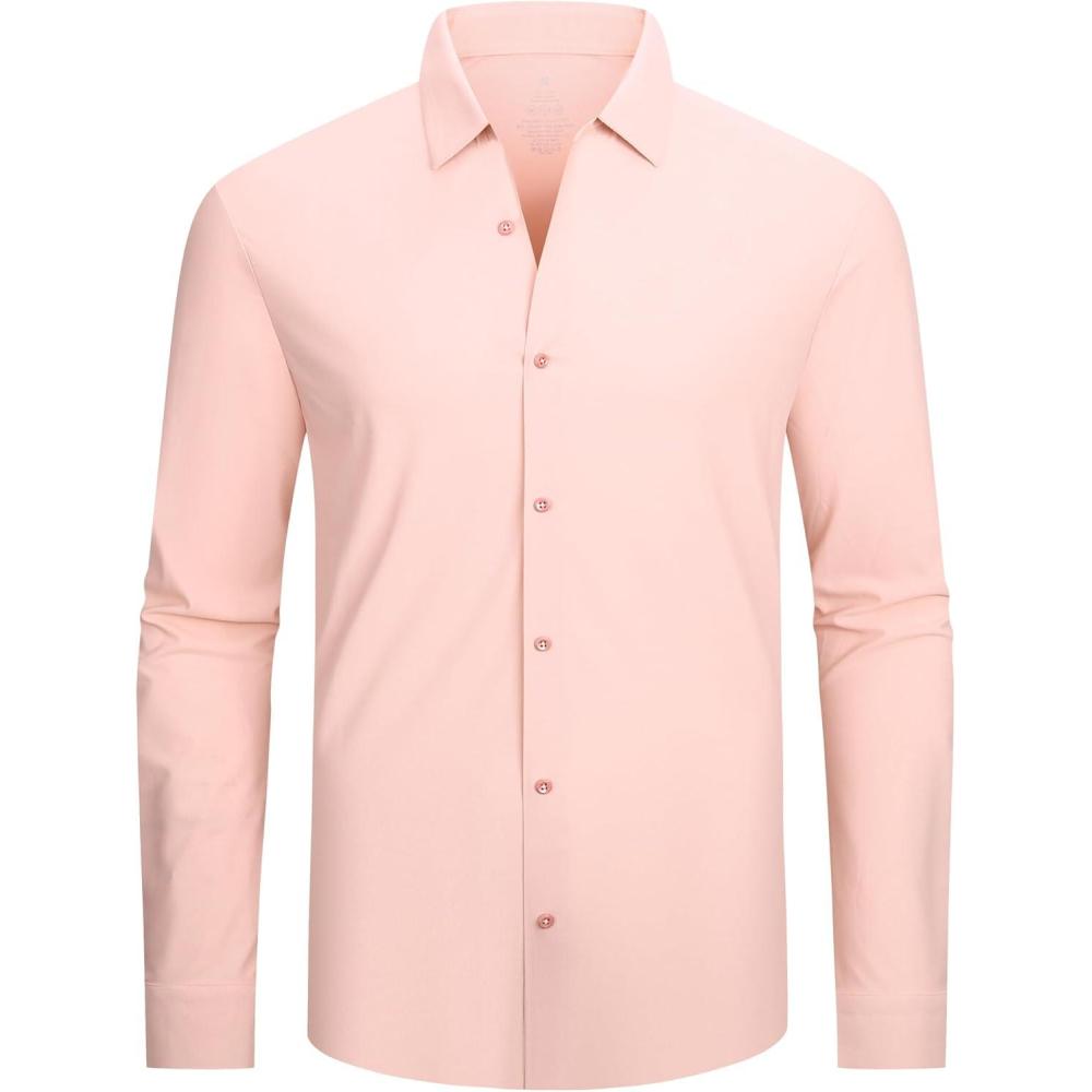 imageAlex Vando Mens Knit Dress Shirts Seamless Collar Long Sleeve Super Stretch Business Casual Shirts for MenPink