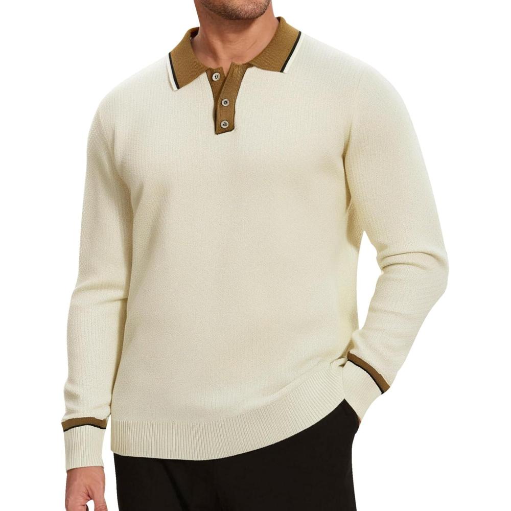 imageAlex Vando Mens Knit Polo Shirts Long Sleeve Sweater Casual Fashion Classic Button Down Polo ShirtsApricot